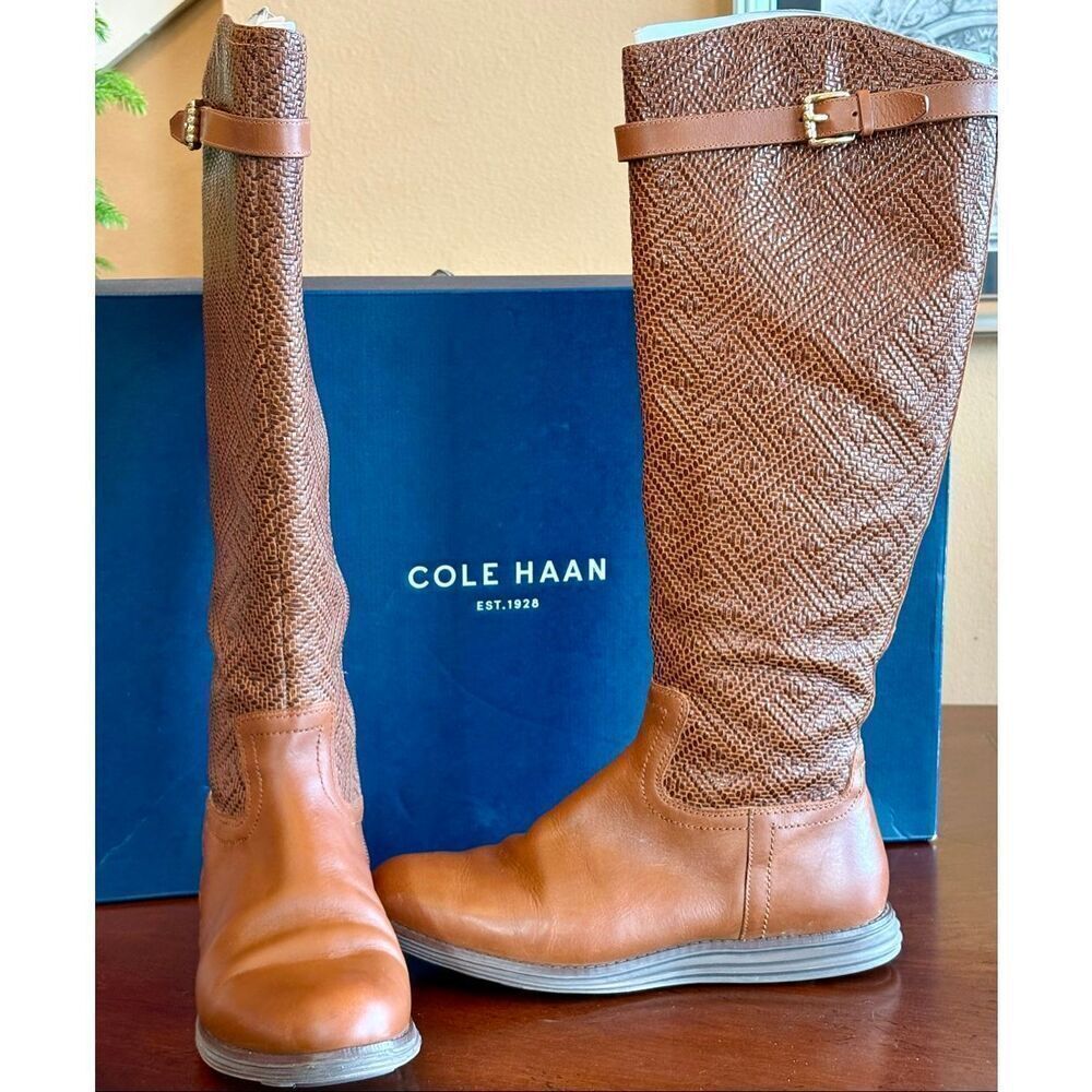 COLE HAAN - L Sz 6B Original Grand OS Woodbury-Weave Leather Tall Boots/Cognac